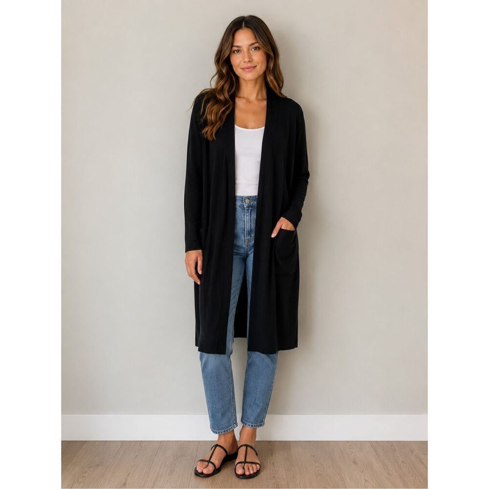 For the Republic Black Ribbed Longline Pocket Cardigan Medium #786